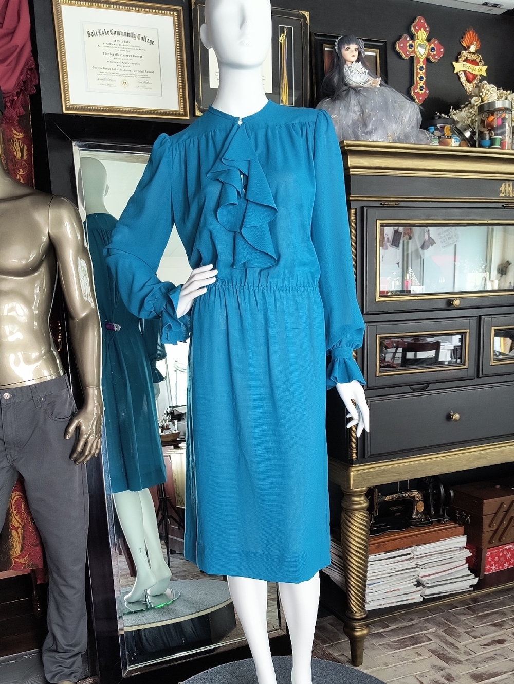 1970s Secretary  Teal Long Sleeve Ruffle Dress